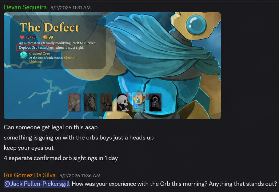 Executive Committee chat messages from 2 May 2026 reporting several Orb sightings