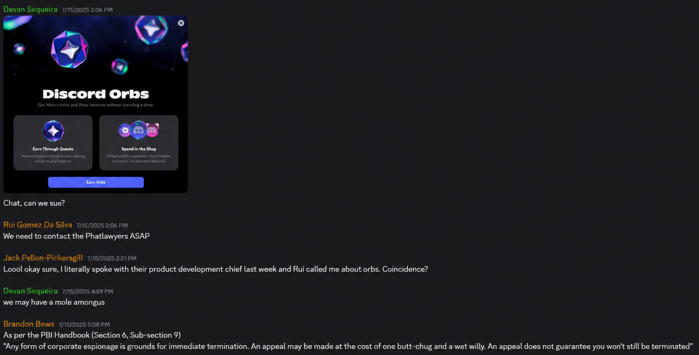 Executive Committee chat messages responding to the announcement of Discord Orbs