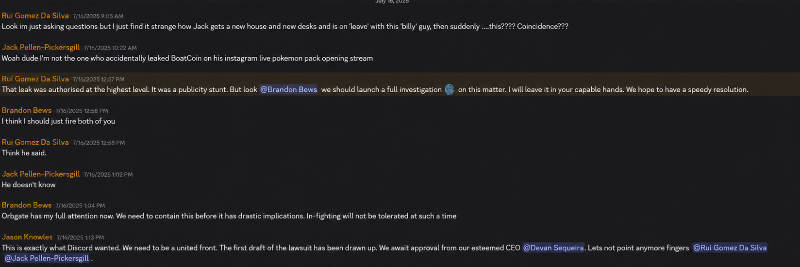 Executive Committee chat messages from 16 July 2025 discussing an investigation